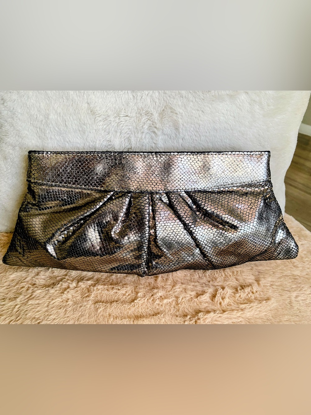 Lauren Merkin Metallic Snake-Print Clutch Bag - Silver